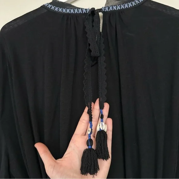 Free People On Holiday Embroidered Tunic Tribal Tassel Top Black - Picture 12 of 15